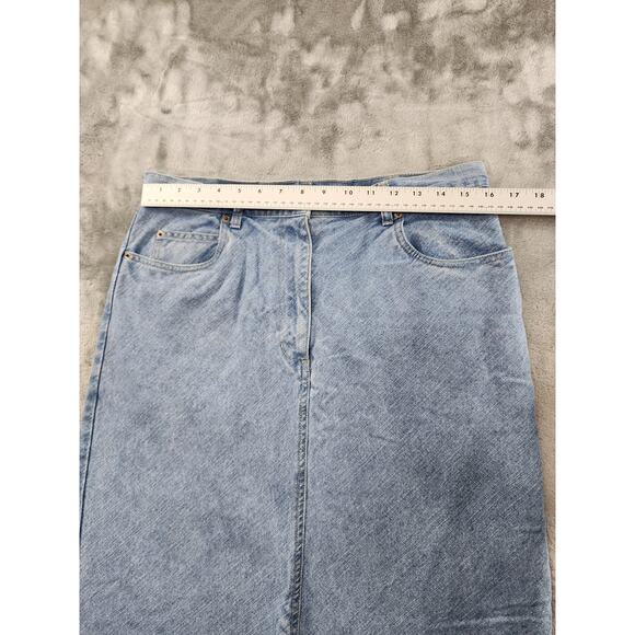 Vintage 90s Bill Blass Jeans High Rise Raw Hem Slit Midi Skirt Size 32 Blue - Picture 8 of 10